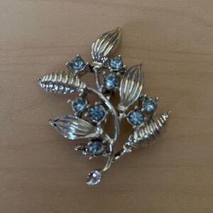 Vintage Silver Aquamarine Leaf Brooch 1960s Jewelry OS